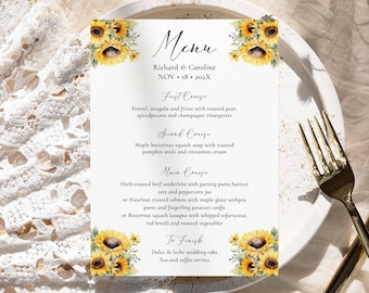 Modelo de cartão de menu de casamento de girassol EDITÁVEL Download instantâneo Menu de mesa de jantar Menu de coquetel Modelo de casamento Decoração de mesa 0061