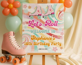 Retro rolschaatsen verjaardag welkomstbord, Let's Roll Party teken, Groovy jaren 70 thema, pastel skate verjaardag welkomstbord sjabloon-0046