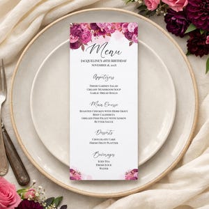 Rosa Blumenhochzeitsmenüvorlage bearbeitbar, romantische Rosenmenükarte, elegantes Hochzeitsmenü bedruckbar, 0159