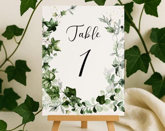 Botanical Wedding Table Number Template, Greenery Eucalyptus Table Numbers, Editable Elegant Script Printable Reception Decor - 0026