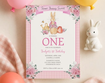Sweet Bunny Birthday Invitation Template, Pink Floral Bunny Party Invite, Gingham Garden Theme, Girl Birthday Printable Invite, 0041