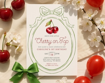 Cherry on Top Birthday Invitation, Cherry Party Invite, Vintage Bow Theme, Girl 1st Birthday Printable Invite- 0056