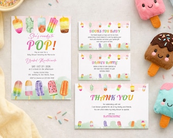 She’s Ready to Pop Baby Shower Invitation Set Template Editable, Popsicle Invite, Books for Baby, Diaper Raffle, 0111