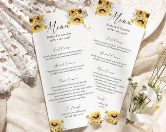 Modelo de cartão de menu de casamento de girassol EDITÁVEL Download instantâneo Menu de coquetel de jantar rústico amarelo Modelo de casamento Decoração de mesa 0061