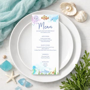 Plantilla editable de menú para fiesta temática marina, menú para fiesta oceánica, imprimible para cumpleaños infantiles con animales marinos, 0146