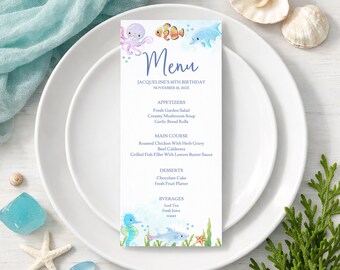 Plantilla editable de menú para fiesta temática marina, menú para fiesta oceánica, imprimible para cumpleaños infantiles con animales marinos, 0146