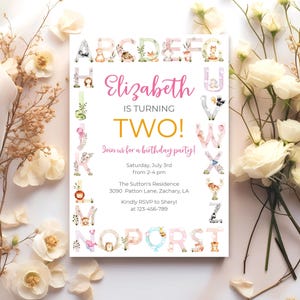 Animal Alphabet 1st Birthday Invitation Template (Digital Download)