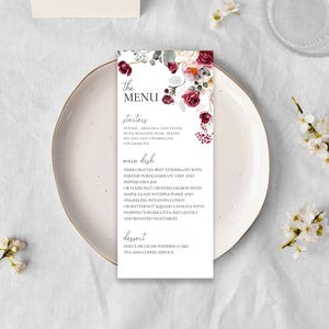 EDITABLE Red Florals Menu Card, Pink and Red Birthday Party Menu Card Template, Instant Download, Baby Shower, Wedding Dinner Menu, 0092