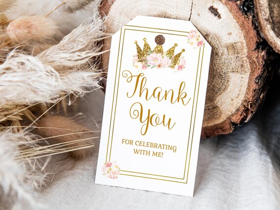 Editable Gold Crown Favor Tags, Princess Crown Gift Tags, Thank You Tags, Instant Download, Floral Tags Printable, Birthday Gift Tag, 0081 Il_570xn