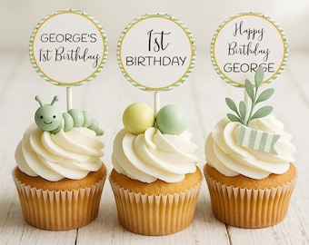 Little Caterpillar Cupcake Toppers Template, Garden Bug Party Decor, Editable Printable First Birthday Cupcake Picks, 0019