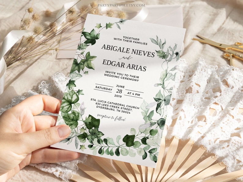 Editable Greenery Wedding Invitation Set Template