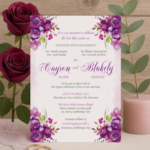 Editable Purple Wedding Invitation, Lavender and Lilac Floral Invite, Elegant Printable Wedding Card, Romantic Violet Invitation, 0101