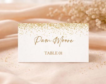 Gold Glitter Place Card Template Editable, Elegant Name Cards, Wedding or Birthday Escort Cards Printable, 0189