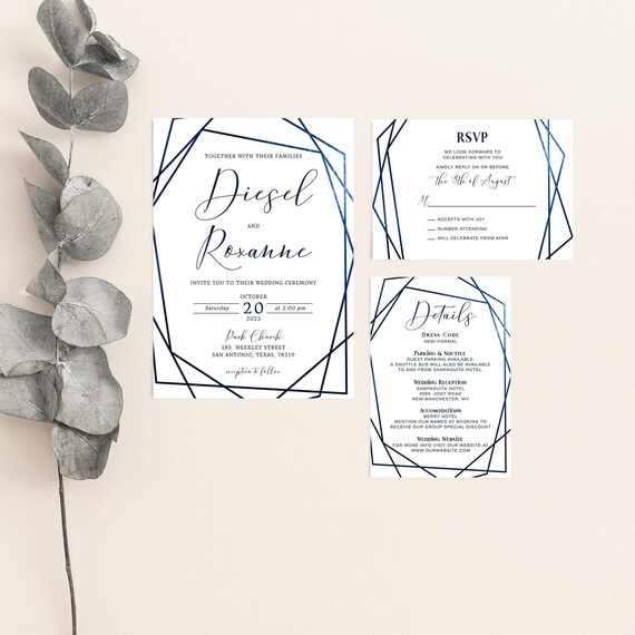 Editable Navy Blue Wedding Invitation Template Set Blue Geometric Suite ...