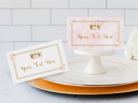 Editable Gold Crown Place Card Template, Pink Princess Birthday Place Card, Floral Food Tent, Gold Name Card, Birthday Tent Card, 0081 Il_570xn