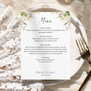 Plantilla de menú editable con flores rosas, descarga instantánea, menú de cena con flores silvestres, menú de cócteles, decoración de mesas para bodas, 0020