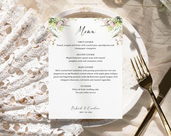 Greenery Floral Wedding Menu Template, Editable Printable Elegant Menu Card, Garden Wedding Reception Dinner Menu, 0020