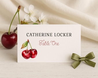 Cherry on Top Place Card Template, Cherry Name Card, Vintage Bow Theme, Girl Party Seating Printable Card, 0056