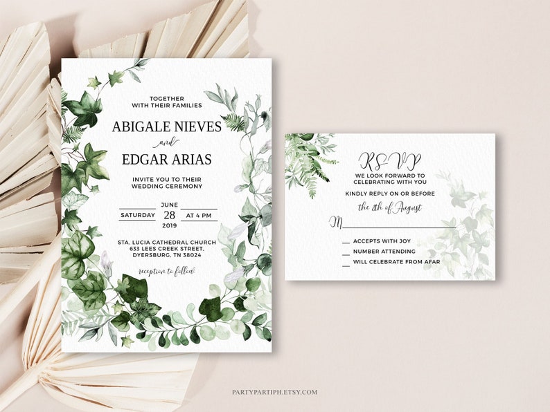 Editable Greenery Wedding Invitation Set Template