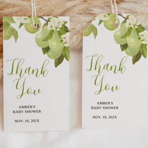 Modello modificabile di etichette di ringraziamento a forma di pera, download immediato, etichette regalo di apprezzamento per il primo compleanno o baby shower, etichette per bomboniere per neonati 0127