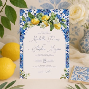 Editable Mediterranean Wedding Invitation, Amalfi Coast Lemon Theme, Blue Tile Invite, Italian Destination Wedding Printable, 0100