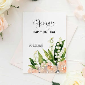 Editable Lily of the Valley May Birth Month Flower Birthday Greeting Card White Potted Flowers, 0093