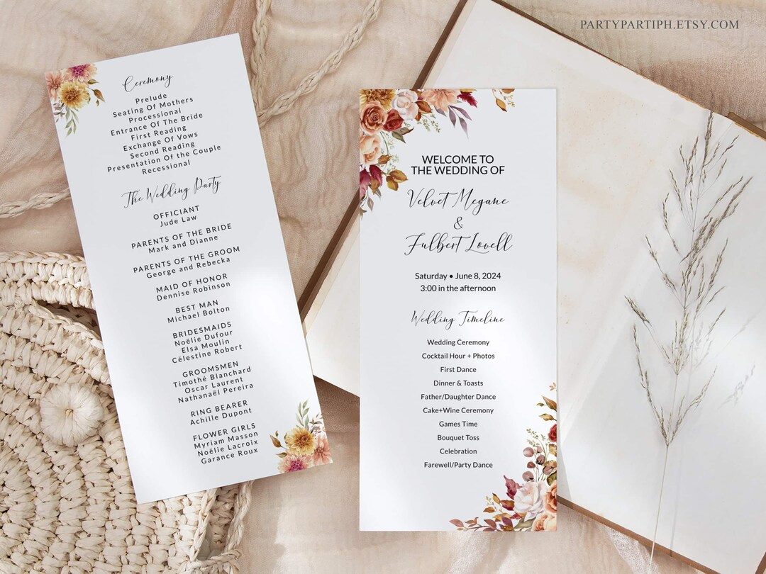 Editable Fall Autumn Wedding Program Card Template 4x9" Rustic Wedding ...
