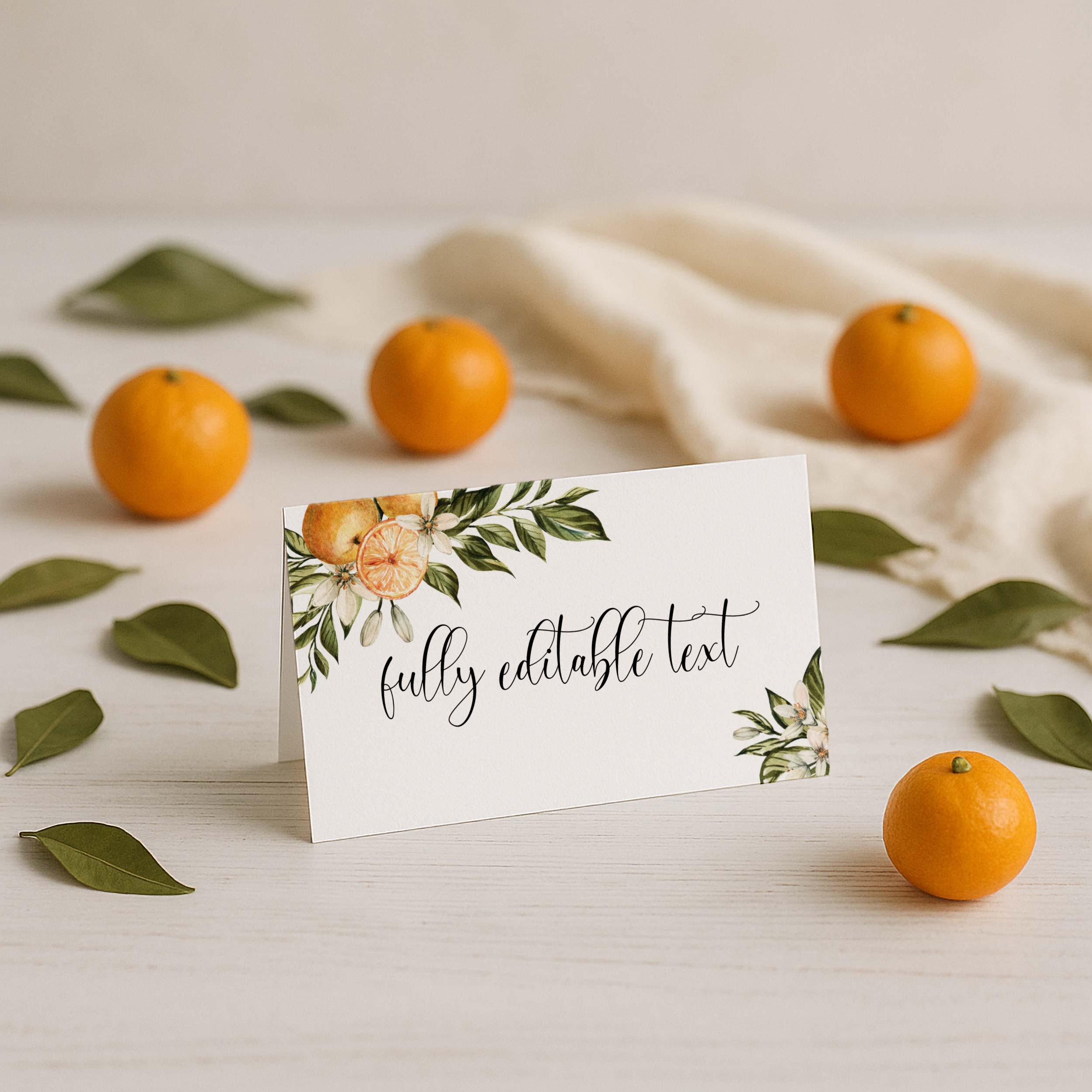 Citrus Botanical Place Cards, Orange Floral Seating Tags, Editable