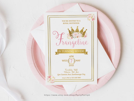 Editable Crown Princess Birthday Invitation Template, Floral Invitation, Instant Download, Gold Crown Birthday Invite, Pink Floral, 0081 Il_570xn