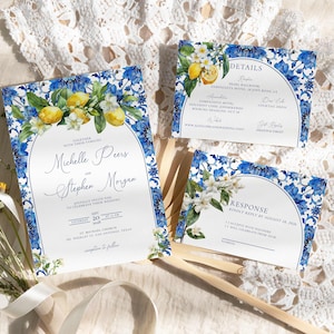 Mediterranean Wedding Invitation Set: Blue Floral Tiles, Lemons (Digital Download)