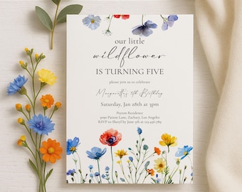 Plantilla de invitación de cumpleaños con flores silvestres, invitación para fiesta floral, invitación de cumpleaños con temática de jardín editable e imprimible, tema botánico - 0025