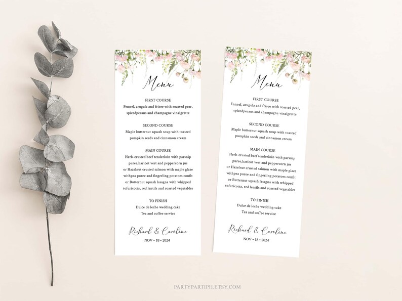 Menu First Course Layout EDITABLE Pink Florals Menu Card Template, Instant Download, Wildflowers ...