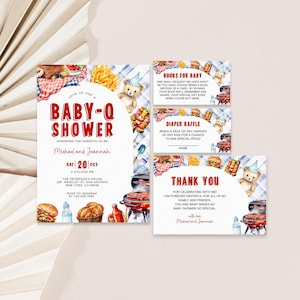 Conjunto de convites para chá de bebê Baby-Q editáveis • Sorteio de fraldas • Livros para bebês • Cartões de agradecimento • Imprimíveis para chá de bebê com churrasco, 0113
