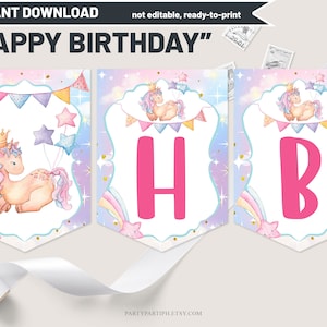 Banner de cumpleaños de unicornio arcoíris imprimible, banderines de cumpleaños de unicornio, plantilla de descarga instantánea, no editable 0275