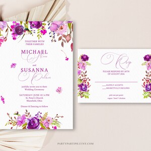 Editable Purple Wedding Invitation Set Template Elegant Wedding Invite Suite Purple Flowers Wedding Invite Printable Instant Download 0208
