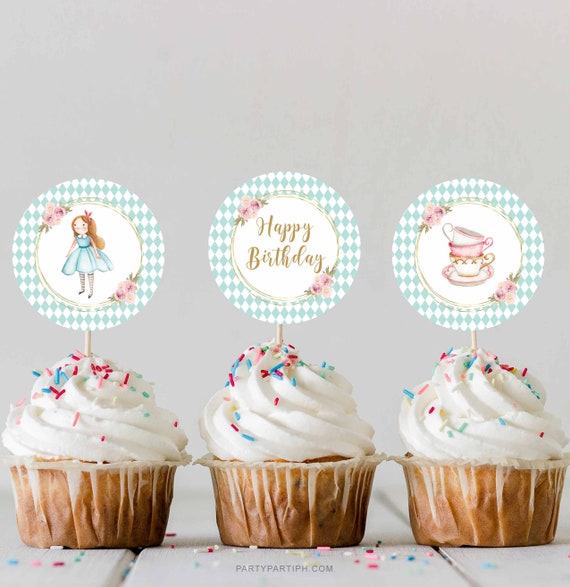 Alice in Wonderland Cupcake Toppers Green Onederland Cupcake Toppers, Favor Tags, Girl's 1st Birthday Party Toppers, Tea Party, 0038 Il_570xn