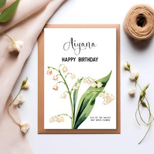 Carte de voeux d'anniversaire, mois de naissance, fleur de muguet, fleurs blanches en pot, 0093