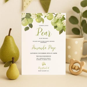 Editable Pear Baby Shower Invitation, Gender Neutral Invite, Green Fruit Theme, Corjl Template, Digital Download, Printable File, 0127