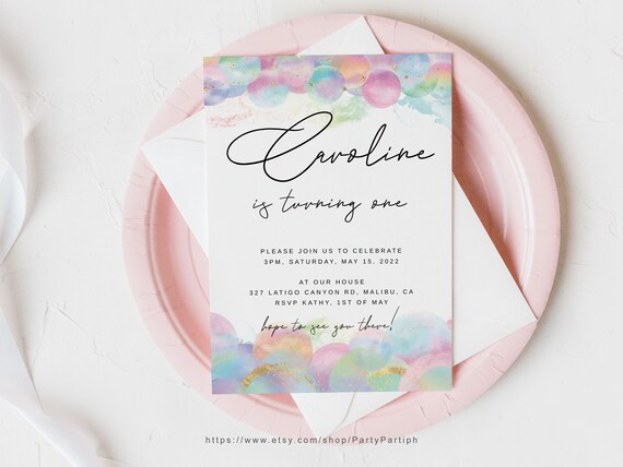 Editable Rainbow Bubble Birthday Invitation, Pastel Birthday Invitation ...