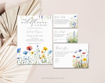 Ensemble d'invitations pour baby shower fleurs sauvages, faire-part floral avec livres pour cartes de remerciement de couches de bébé, modèle modifiable, 0025