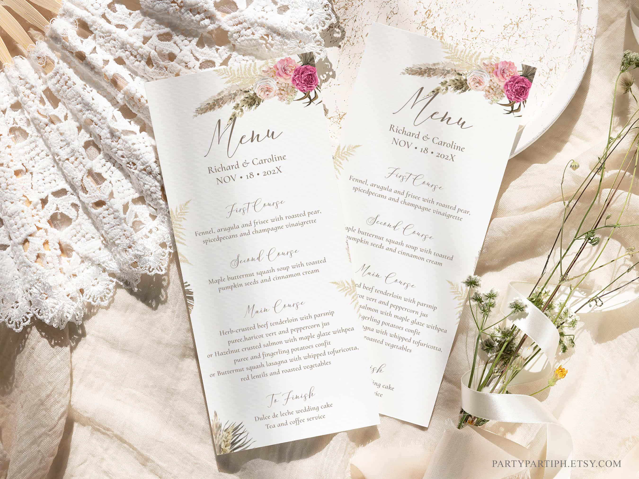 Editable Boho Wedding Menu, Jettemplate, Boho Floral Menu Card, Printable Wedding Menu, Instant Download, Rustic Reception Decor, 0021