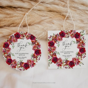 Carte de remerciement de mariage floral rouge modifiable - Conception de roses aquarelles - Téléchargement immédiat - Papeterie de mariage élégante, 0109