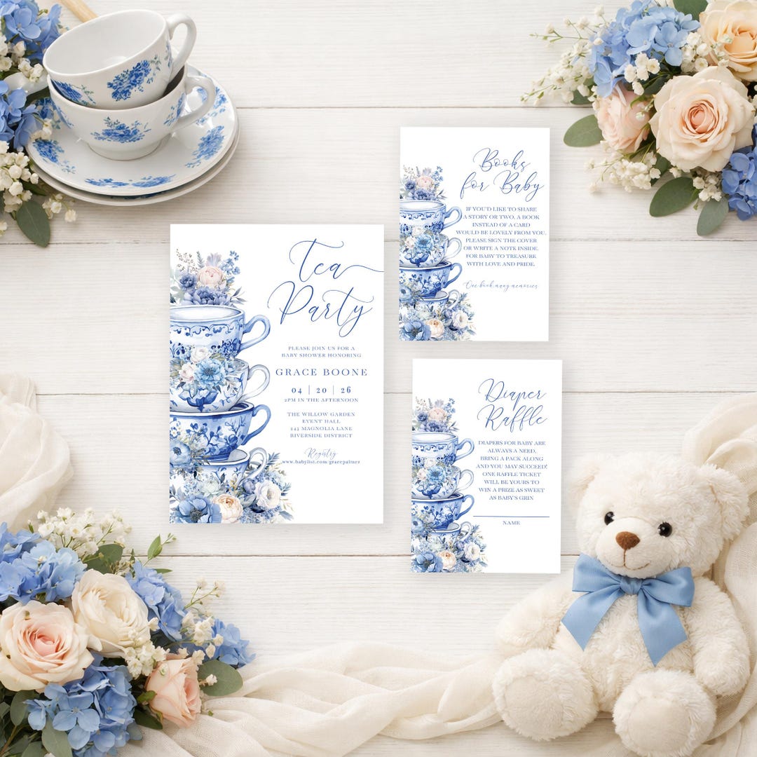 Teacup Raffle Tea Party Baby Shower Invitation Template With Books for Baby and ...