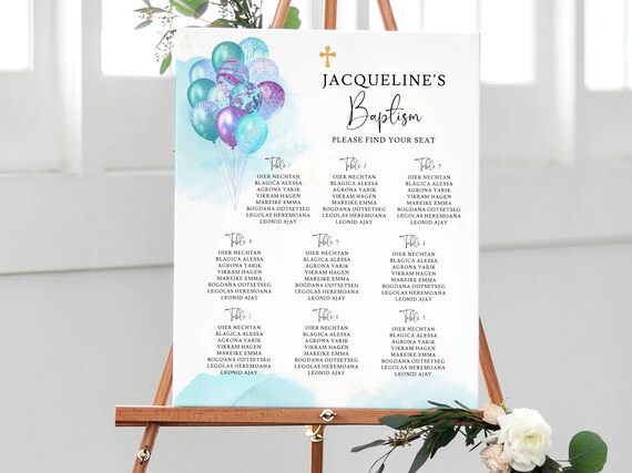 EDITABLE Aqua Purple Balloons Baptism Seating Chart Template, Purple ...