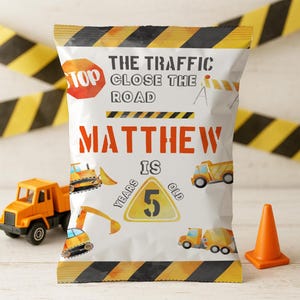 Bau-Chip-Taschenvorlage, Kipper-Gastgeschenkverpackung, bearbeitbare druckbare Snacktasche, Bau-Geburtstagsfeier - 0010