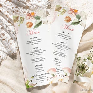 Plantilla de tarjeta de menú de boda con flores de lirio editables, menú de cena, cóctel, plantilla de menú con tema de jardín de flores de verano, decoración de mesa 0084