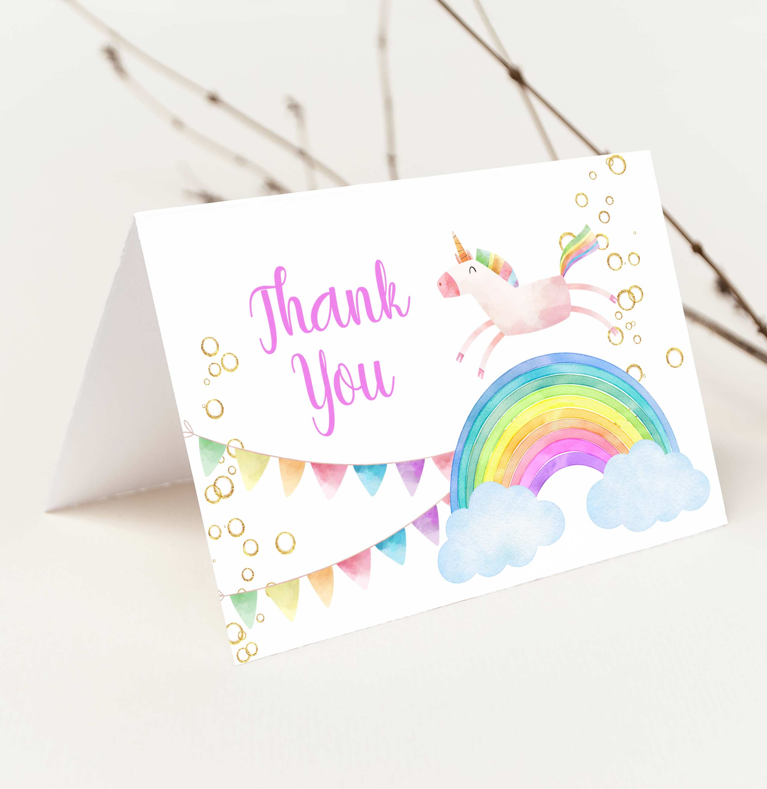 Editable Unicorn Thank You Card Template Rainbow Birthday | Etsy