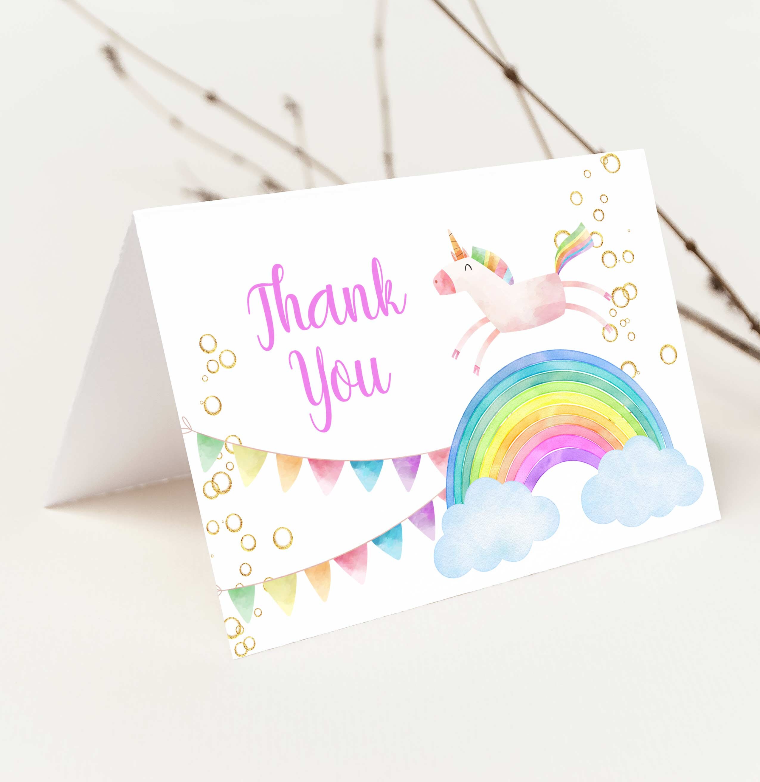 editable unicorn thank you card template rainbow birthday