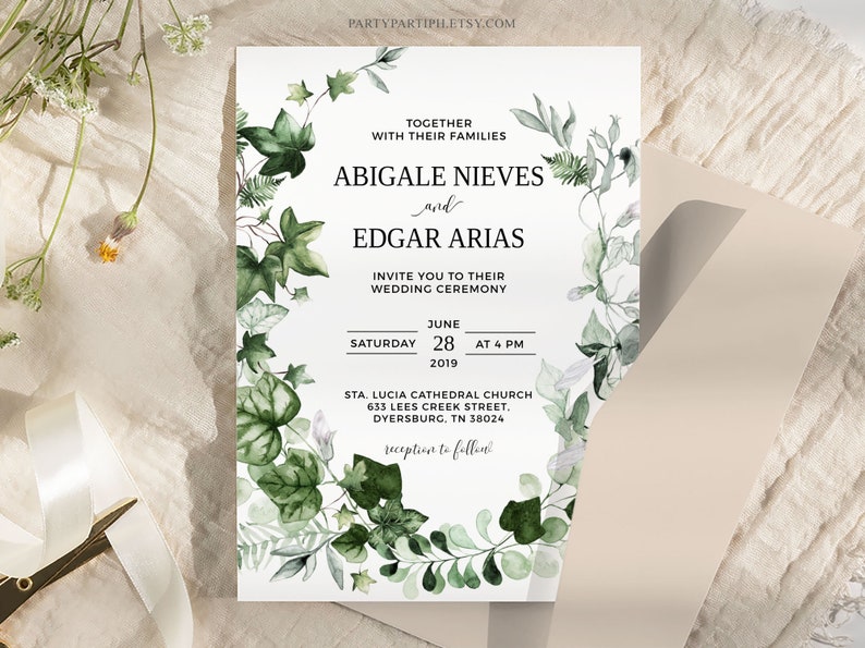 Editable Greenery Wedding Invitation Set Template