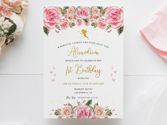 Editable Pixie Fairy Birthday Invitation, Pastel Floral Birthday Invitation, Pink Floral Fairies and Butterflies Invite Pink and Gold, 0135 Il_570xn